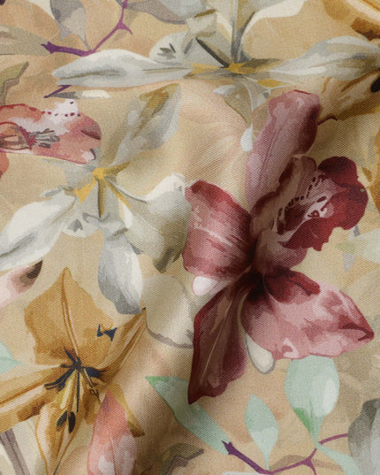 قماش فيسكوز مودال ساتان بطبعة زهور باللون البيج العنابي والخردل، عرض 110 سم، صنع في الهند - D23309