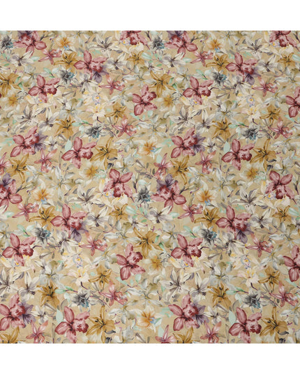 قماش فيسكوز مودال ساتان بطبعة زهور باللون البيج العنابي والخردل، عرض 110 سم، صنع في الهند - D23309