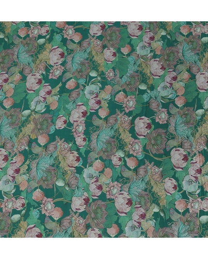 قماش فيسكوز مودال ساتان بطبعة زهور اللوتس باللون الأخضر الزجاجي، عرض 110 سم، صنع في الهند - D23310
