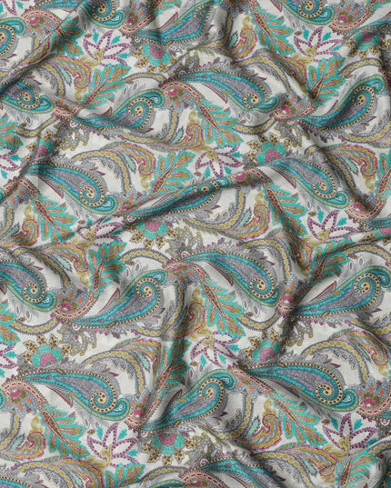 Ivory Teal and Magenta Paisley Print Viscose Modal Satin Fabric, 110 Cms Width, Made in India-D23311
