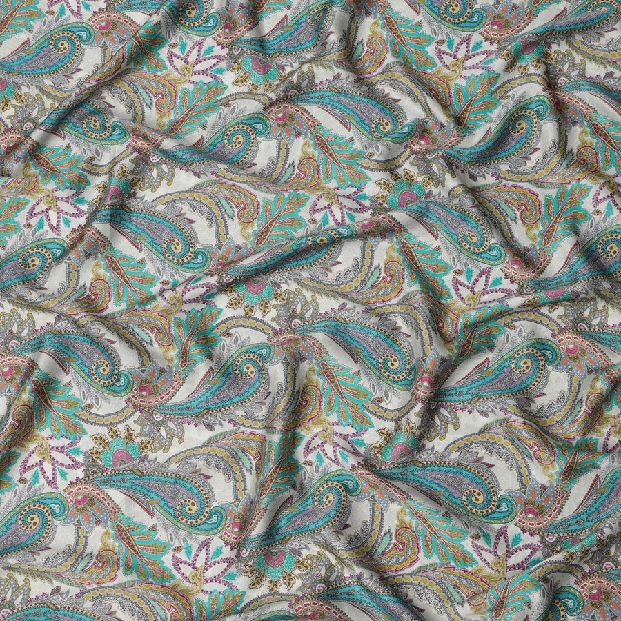 Ivory Teal and Magenta Paisley Print Viscose Modal Satin Fabric, 110 Cms Width, Made in India-D23311
