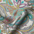 Ivory Teal and Magenta Paisley Print Viscose Modal Satin Fabric, 110 Cms Width, Made in India-D23311