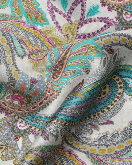 Ivory Teal and Magenta Paisley Print Viscose Modal Satin Fabric, 110 Cms Width, Made in India-D23311