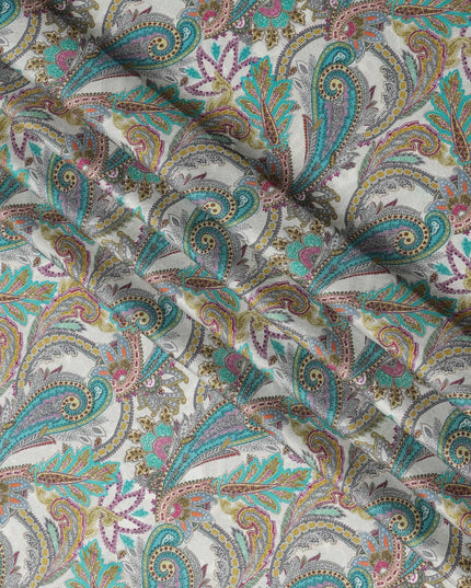Ivory Teal and Magenta Paisley Print Viscose Modal Satin Fabric, 110 Cms Width, Made in India-D23311
