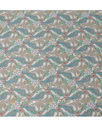 Ivory Teal and Magenta Paisley Print Viscose Modal Satin Fabric, 110 Cms Width, Made in India-D23311