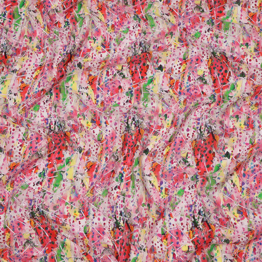 Multicolor Abstract Splatter and Dot Print Viscose Crepe Fabric, 110 Cms Width, Made in India-D23603