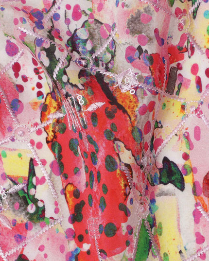 Multicolor Abstract Splatter and Dot Print Viscose Crepe Fabric, 110 Cms Width, Made in India-D23603