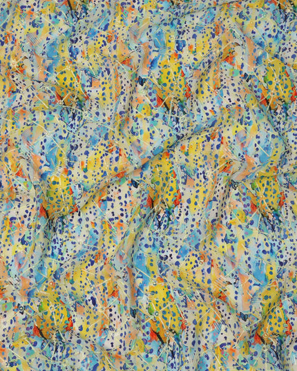 Multicolor Blue-Yellow Splash and Dot Print Viscose Crepe Fabric, 110 Cms Width, Made in India-D23604