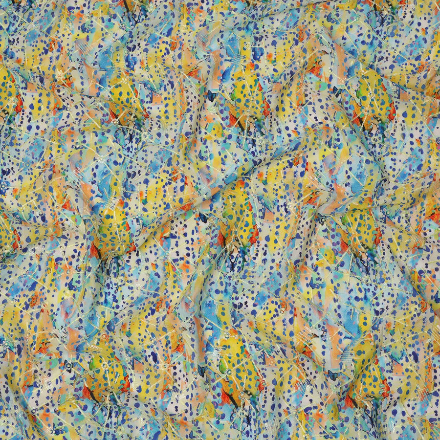 Multicolor Blue-Yellow Splash and Dot Print Viscose Crepe Fabric, 110 Cms Width, Made in India-D23604