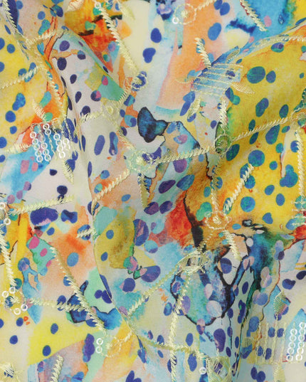 Multicolor Blue-Yellow Splash and Dot Print Viscose Crepe Fabric, 110 Cms Width, Made in India-D23604