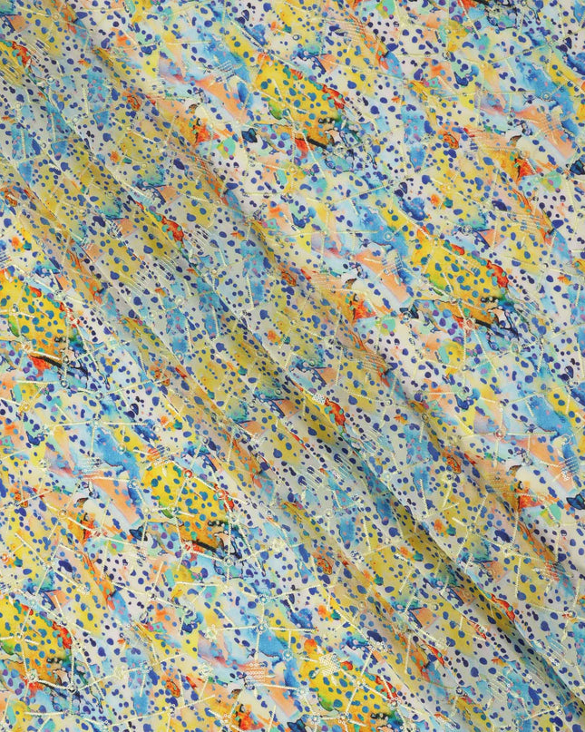 قماش كريب فيسكوز متعدد الألوان بنقشة نقاط زرقاء-صفراء، عرض 110 سم، صنع في الهند - D23604