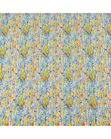 Multicolor Blue-Yellow Splash and Dot Print Viscose Crepe Fabric, 110 Cms Width, Made in India-D23604