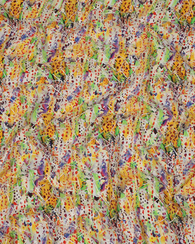 قماش كريب فيسكوز متعدد الألوان بطباعة نقاط فنية وضربات فرشاة باللونين الأصفر والأخضر، عرض 110 سم، صنع في الهند - D23605