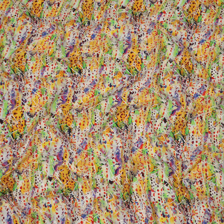 Multicolor Yellow-Green Artistic Dot and Brushstroke Print Viscose Crepe Fabric, 110 Cms Width, Made in India-D23605