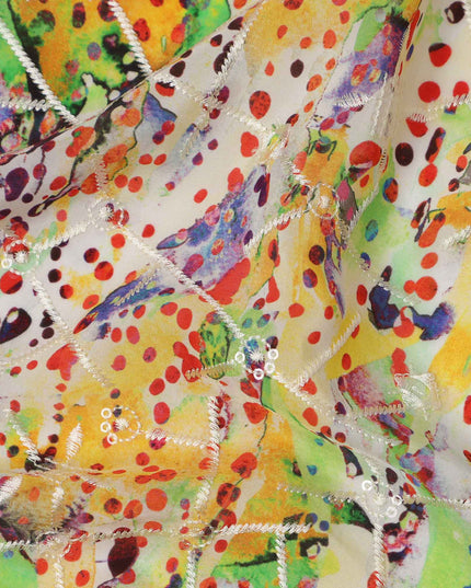 Multicolor Yellow-Green Artistic Dot and Brushstroke Print Viscose Crepe Fabric, 110 Cms Width, Made in India-D23605