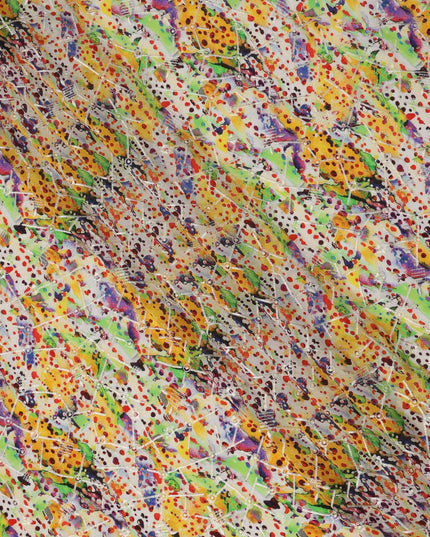 Multicolor Yellow-Green Artistic Dot and Brushstroke Print Viscose Crepe Fabric, 110 Cms Width, Made in India-D23605