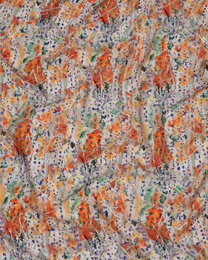 Multicolor Orange-Purple Artistic Dot and Brushstroke Print Viscose Crepe Fabric, 110 Cms Width, Made in India-D23606