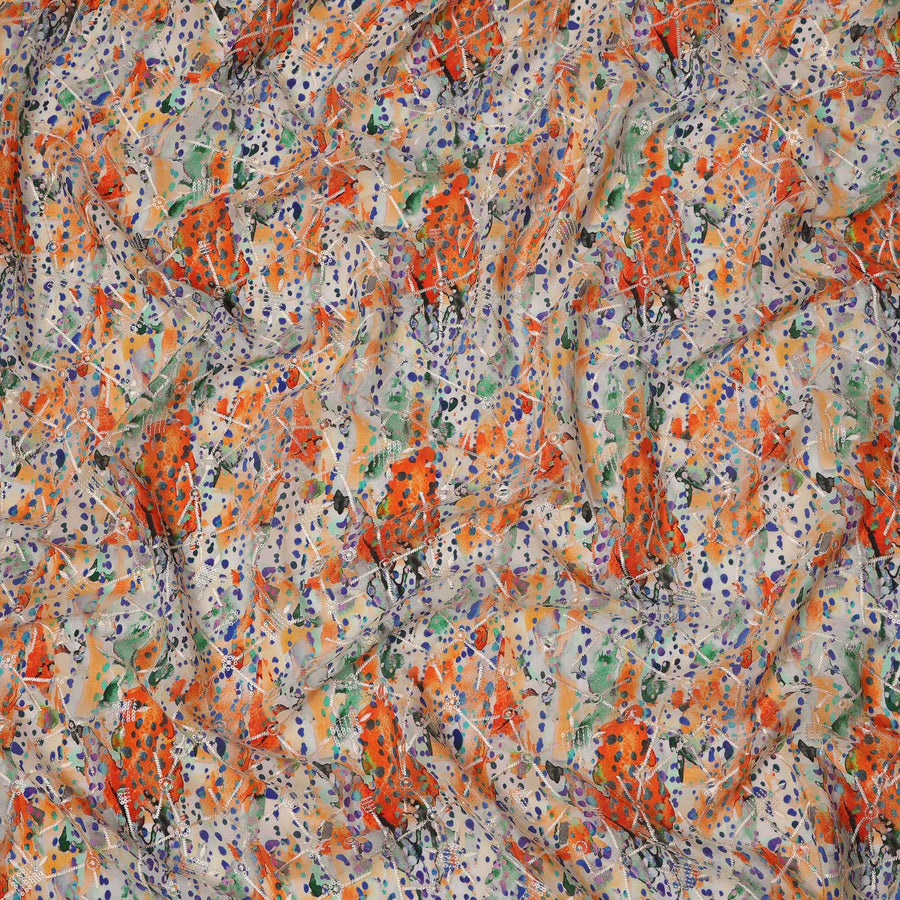 Multicolor Orange-Purple Artistic Dot and Brushstroke Print Viscose Crepe Fabric, 110 Cms Width, Made in India-D23606