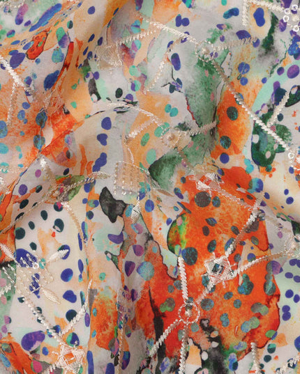 Multicolor Orange-Purple Artistic Dot and Brushstroke Print Viscose Crepe Fabric, 110 Cms Width, Made in India-D23606