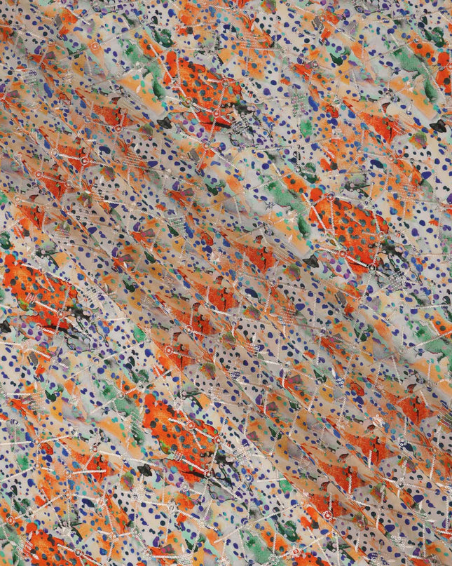 قماش كريب فيسكوز بطبعة نقاط فنية وضربات فرشاة متعددة الألوان برتقالية-أرجوانية، عرض 110 سم، صنع في الهند - D23606