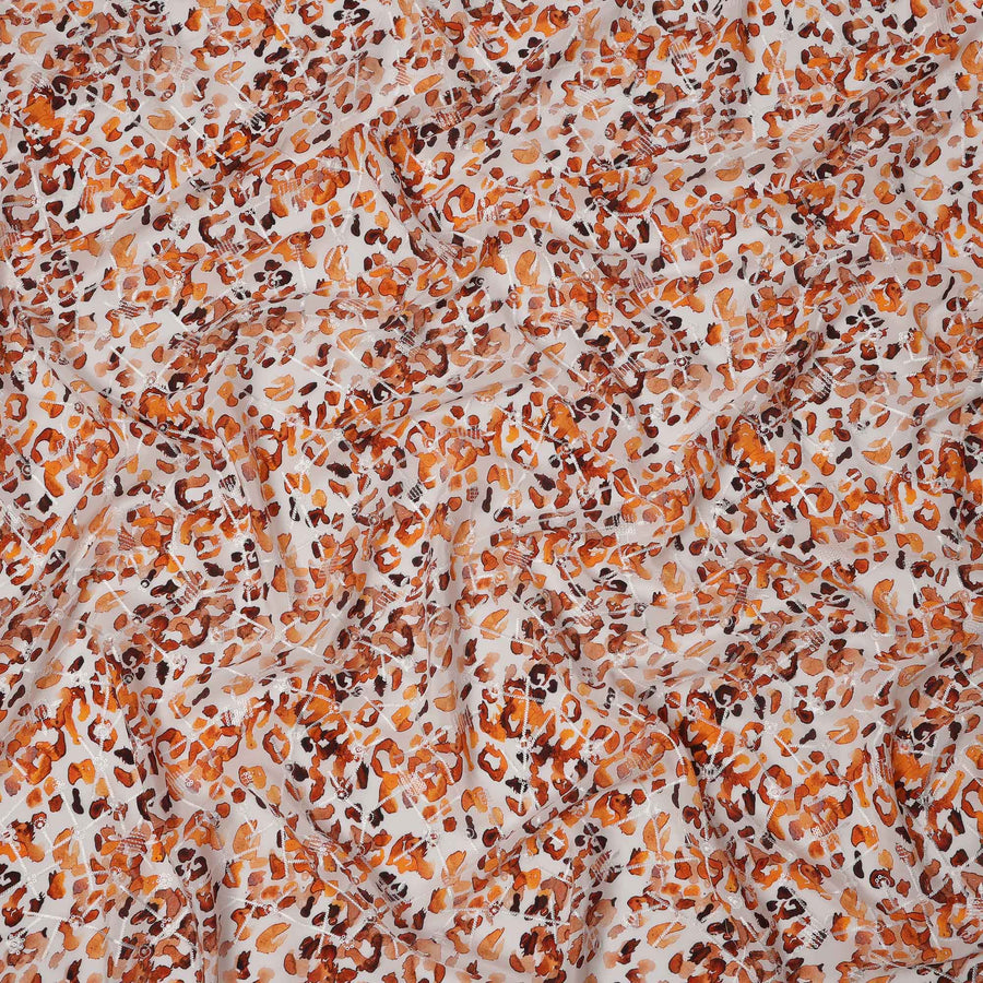 Ivory Base Orange Brown Leopard Print Viscose Crepe Fabric, 110 Cms Width, Made in India-D23608