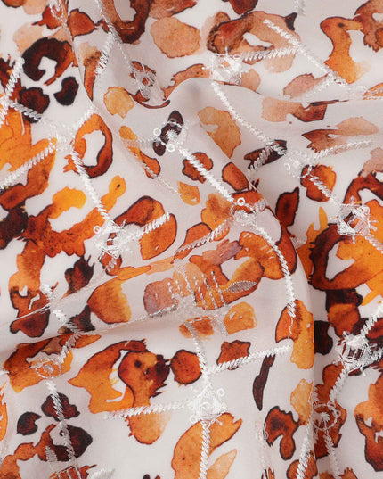 Ivory Base Orange Brown Leopard Print Viscose Crepe Fabric, 110 Cms Width, Made in India-D23608