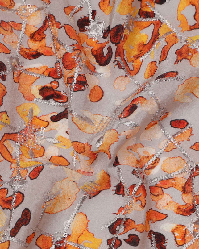 قماش كريب فيسكوز بطبعة جلد النمر متعدد الألوان، قاعدة بيج، عرض 110 سم، صنع في الهند - D23609