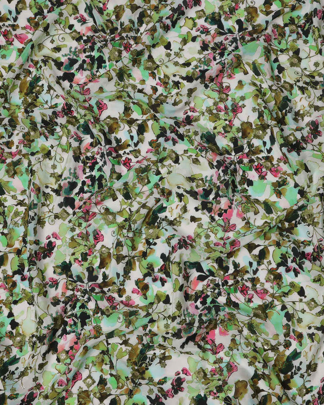 قماش كريب فيسكوز بطبعة زهور مائية متعددة الألوان، قاعدة بيضاء، عرض 110 سم، صنع في الهند - D23610