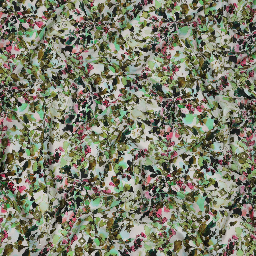 قماش كريب فيسكوز بطبعة زهور مائية متعددة الألوان، قاعدة بيضاء، عرض 110 سم، صنع في الهند - D23610