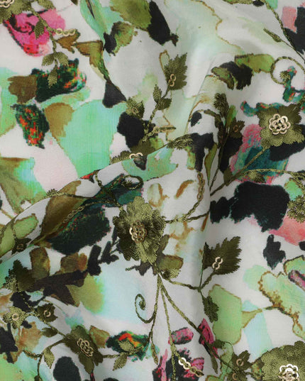 قماش كريب فيسكوز بطبعة زهور مائية متعددة الألوان، قاعدة بيضاء، عرض 110 سم، صنع في الهند - D23610