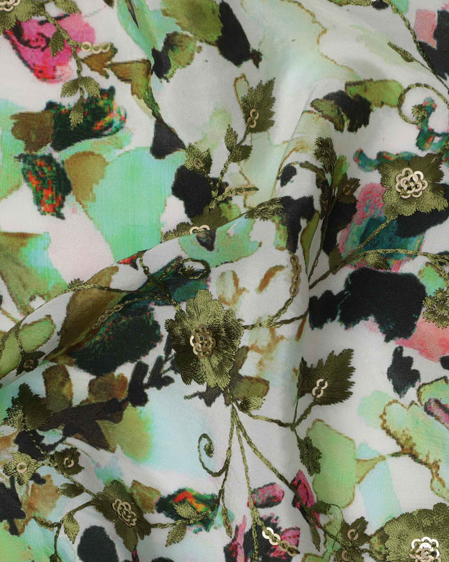 قماش كريب فيسكوز بطبعة زهور مائية متعددة الألوان، قاعدة بيضاء، عرض 110 سم، صنع في الهند - D23610