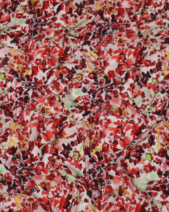 طباعة زهور تجريدية باللون الأحمر على قماش كريب فيسكوز أبيض، عرض 110 سم، صنع في الهند - D23611