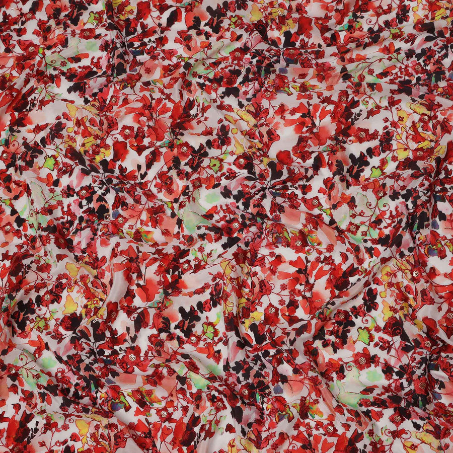 طباعة زهور تجريدية باللون الأحمر على قماش كريب فيسكوز أبيض، عرض 110 سم، صنع في الهند - D23611