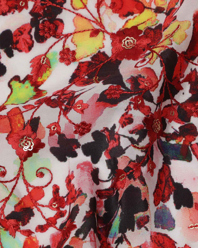 طباعة زهور تجريدية باللون الأحمر على قماش كريب فيسكوز أبيض، عرض 110 سم، صنع في الهند - D23611