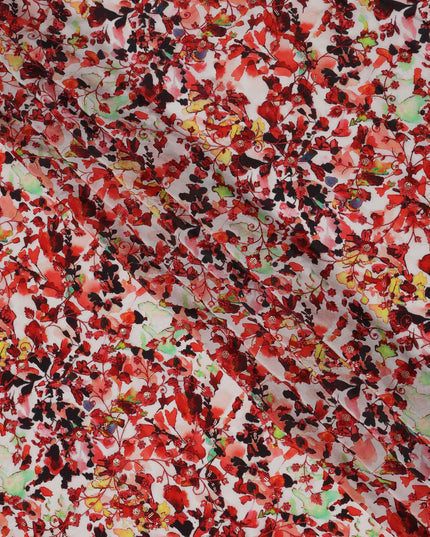 طباعة زهور تجريدية باللون الأحمر على قماش كريب فيسكوز أبيض، عرض 110 سم، صنع في الهند - D23611