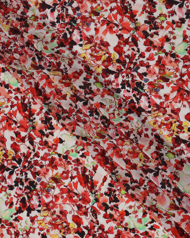 طباعة زهور تجريدية باللون الأحمر على قماش كريب فيسكوز أبيض، عرض 110 سم، صنع في الهند - D23611