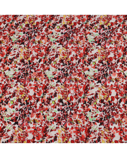 طباعة زهور تجريدية باللون الأحمر على قماش كريب فيسكوز أبيض، عرض 110 سم، صنع في الهند - D23611