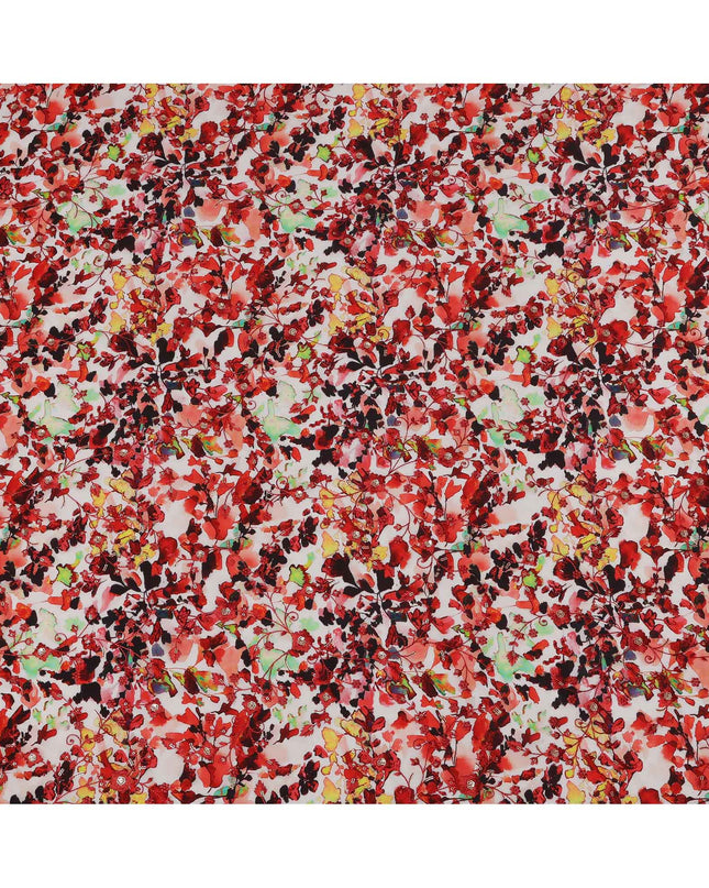 طباعة زهور تجريدية باللون الأحمر على قماش كريب فيسكوز أبيض، عرض 110 سم، صنع في الهند - D23611
