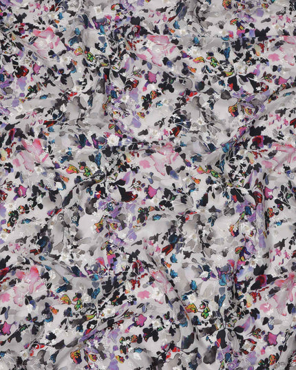 Grey Base Multicolor Butterfly and Floral Digital Print Viscose Crepe Fabric, 110 Cms Width, Made in India-D23612
