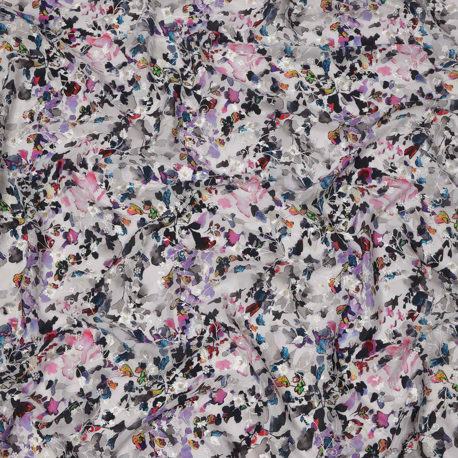 Grey Base Multicolor Butterfly and Floral Digital Print Viscose Crepe Fabric, 110 Cms Width, Made in India-D23612