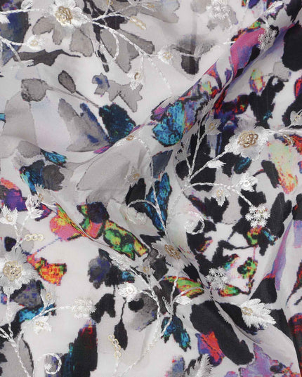 Grey Base Multicolor Butterfly and Floral Digital Print Viscose Crepe Fabric, 110 Cms Width, Made in India-D23612