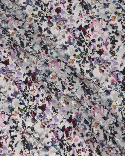 Grey Base Multicolor Butterfly and Floral Digital Print Viscose Crepe Fabric, 110 Cms Width, Made in India-D23612