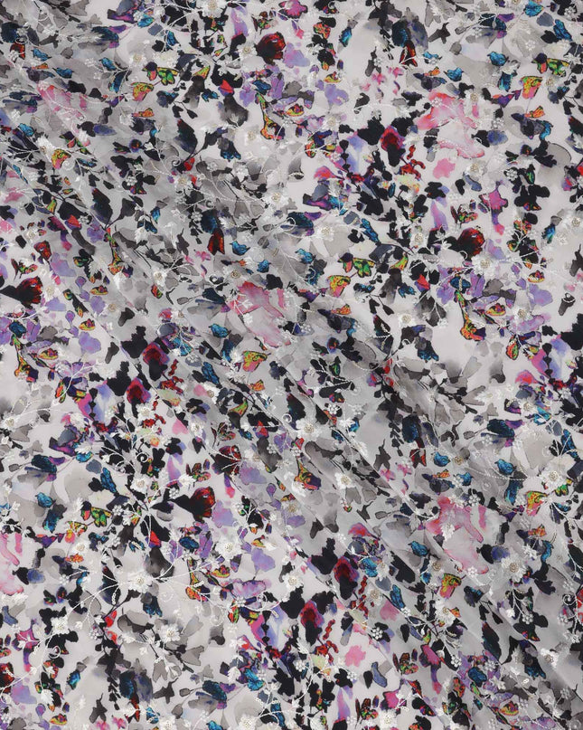 قماش كريب فيسكوز بطبعة رقمية متعددة الألوان بقاعدة رمادية، بنقشة فراشات وزهور، عرض 110 سم، صنع في الهند - D23612