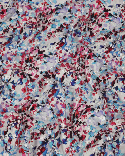 White Base Multicolor Floral and Butterfly Digital Print Viscose Crepe Fabric, 110 Cms Width, Made in India-D23613