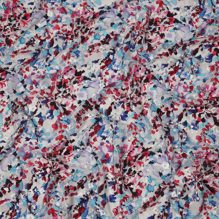 White Base Multicolor Floral and Butterfly Digital Print Viscose Crepe Fabric, 110 Cms Width, Made in India-D23613