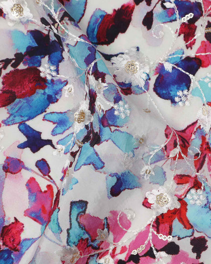 White Base Multicolor Floral and Butterfly Digital Print Viscose Crepe Fabric, 110 Cms Width, Made in India-D23613