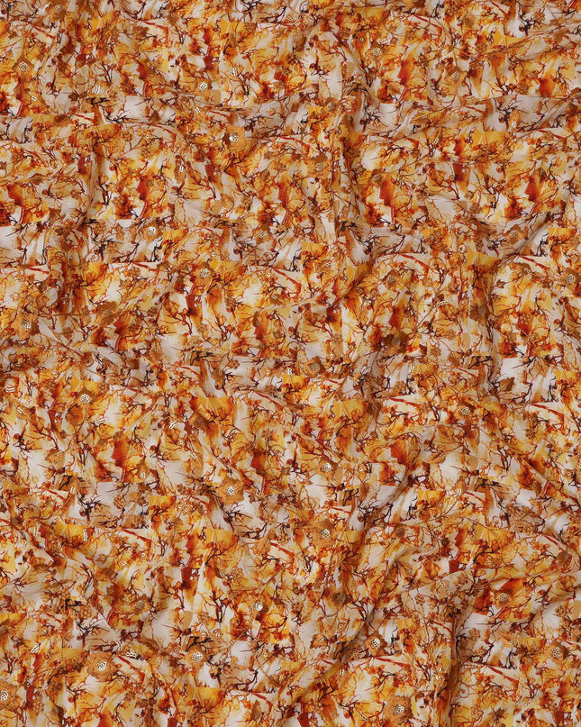 قماش كريب فيسكوز بطباعة رقمية تجريدية باللونين البرتقالي والأصفر، عرض 110 سم، صنع في الهند - D23614