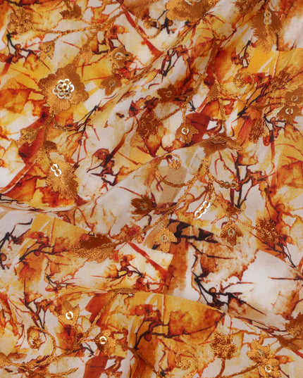 Orange and Yellow Abstract Floral Digital Print Viscose Crepe Fabric, 110 Cms Width, Made in India-D23614