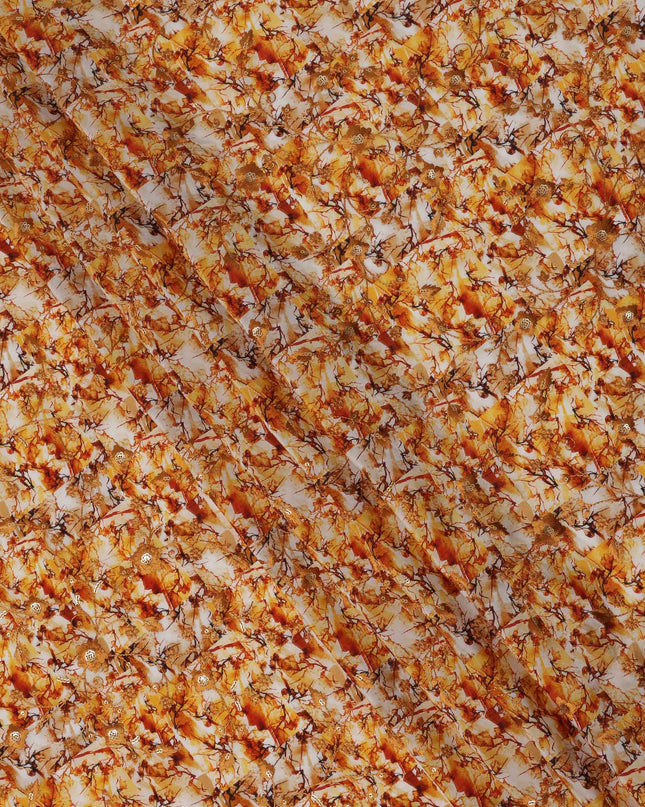 قماش كريب فيسكوز بطباعة رقمية تجريدية باللونين البرتقالي والأصفر، عرض 110 سم، صنع في الهند - D23614