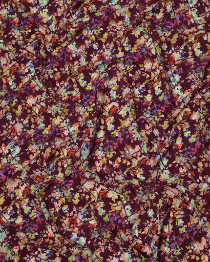 Maroon Base Multicolor Abstract Floral Digital Print Viscose Crepe Fabric, 110 Cms Width, Made in India-D23615